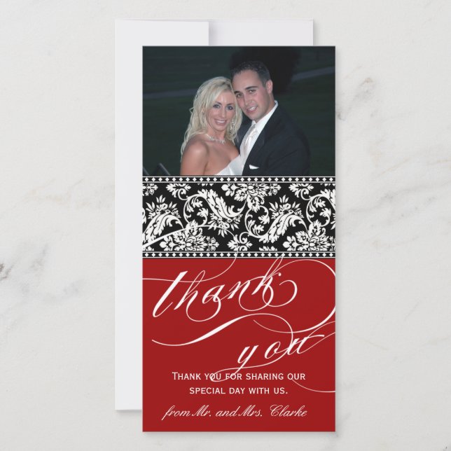 Red Black Damask Wedding Thank You Photo Card (Front)