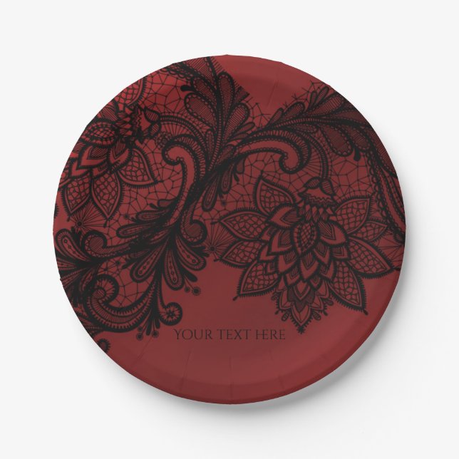 Red & Black Dark Elegance Lace Goth Wedding Party Paper Plate (Front)