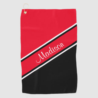 Red Black Diagonal Stripe Script Name Golf Towel