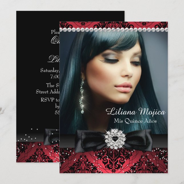 Red Black Diamond Bow Damask Quinceanera Invitation (Front/Back)