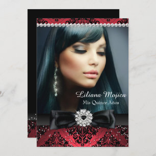 Red Black Diamond Bow Damask Quinceanera Invitation