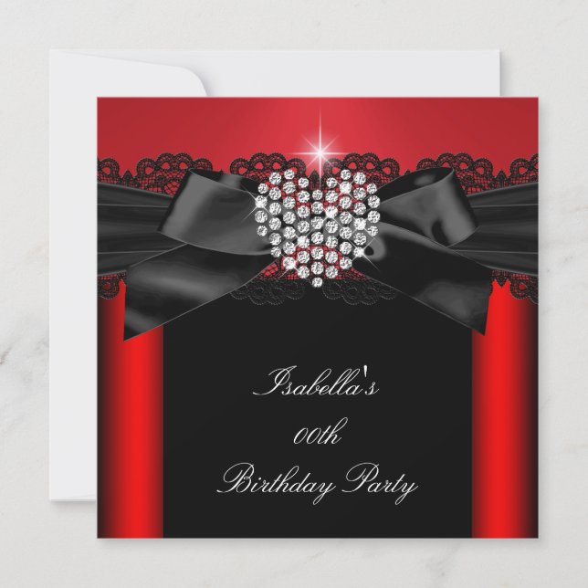 Red Black Diamond Heart Elegant Birthday Party Invitation (Front)