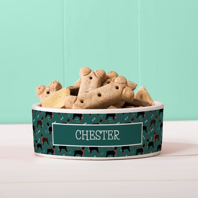 Red & Black Dobermans in Scarves Winter Pattern (Winter Doberman Pattern Dog Bowl with Custom Name (add your own dog name))