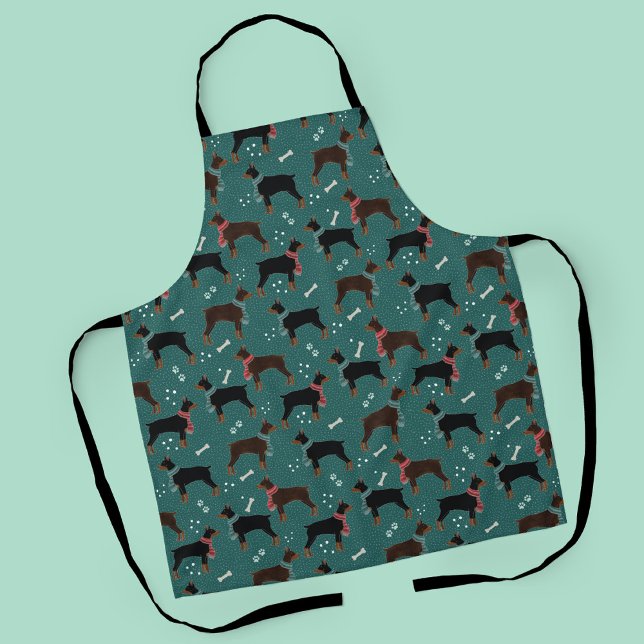 Red & Black Dobermans in Scarves Winter Pattern Apron (Winter Dobermans in Scarves Pattern Apron)