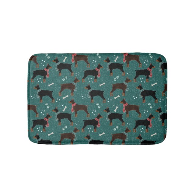 Red & Black Dobermans in Scarves Winter Pattern Bath Mat (Front)