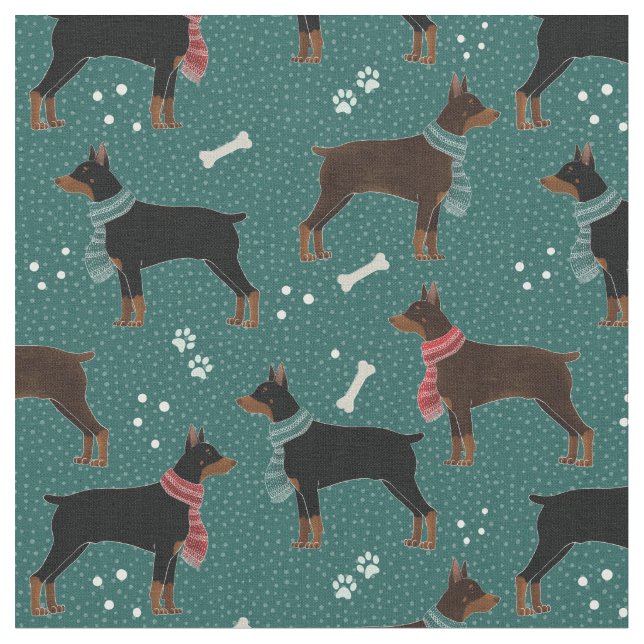 Red & Black Dobermans in Scarves Winter Pattern Fabric (Close Up)