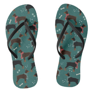 Red & Black Dobermans in Scarves Winter Pattern Flip Flops