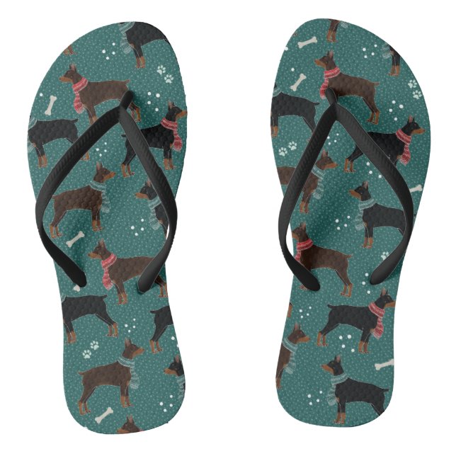 Red & Black Dobermans in Scarves Winter Pattern Flip Flops (Footbed)