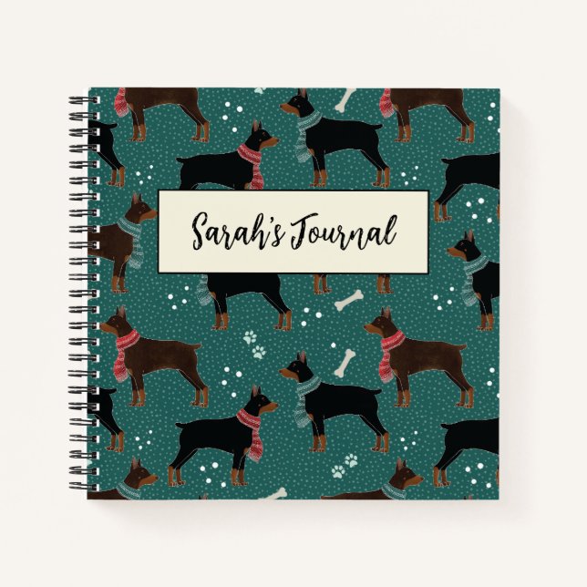 Red & Black Dobermans in Scarves Winter Pattern Notebook (Front)