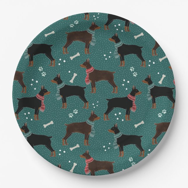 Red & Black Dobermans in Scarves Winter Pattern Paper Plate (Front)
