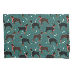 Red & Black Dobermans in Scarves Winter Pattern Pillowcase