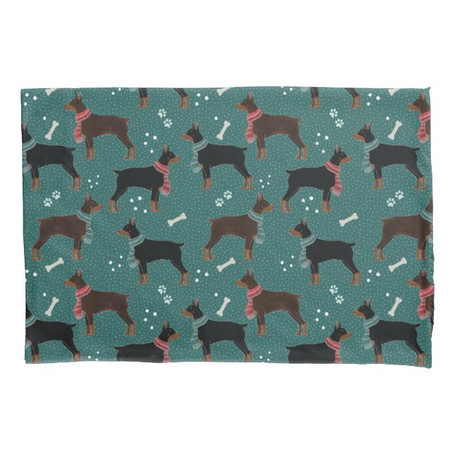 Red & Black Dobermans in Scarves Winter Pattern Pillowcase (Front)