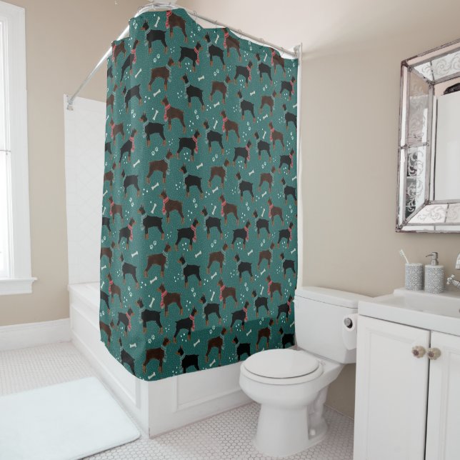 Red & Black Dobermans in Scarves Winter Pattern Shower Curtain (In Situ)