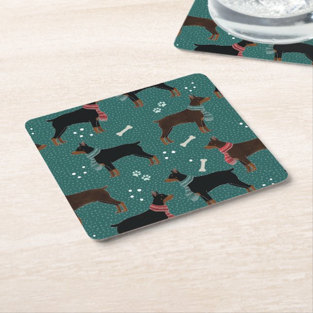 Red & Black Dobermans in Scarves Winter Pattern Square Paper Coaster (Angled)