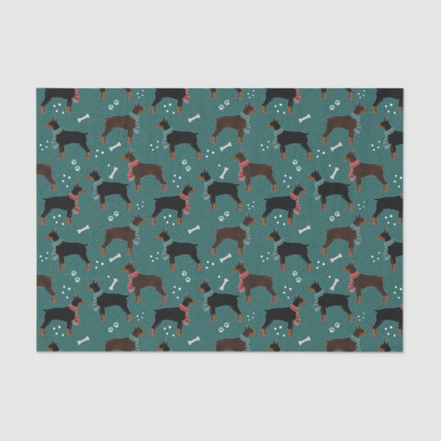 Red & Black Dobermans in Scarves Winter Pattern Tissue Paper (Front)