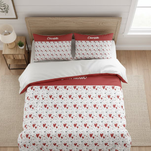 Red Black Doodle Hearts Retro Monogram Name Pillowcase