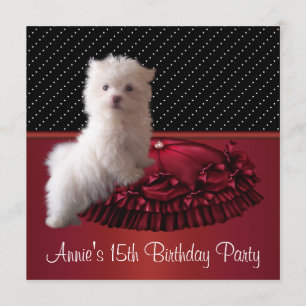 Red Black Dot Puppy 15th Birthday Invitation