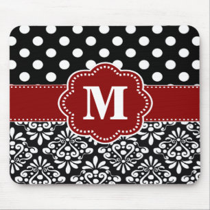 Red Black Dots Damask Monogram Mouse Pad. Mouse Mat