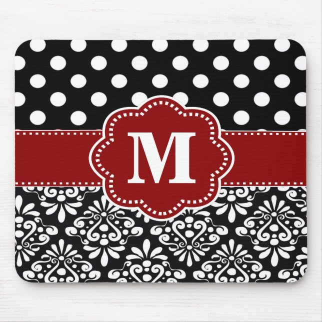 Red Black Dots Damask Monogram Mouse Pad. Mouse Mat (Front)