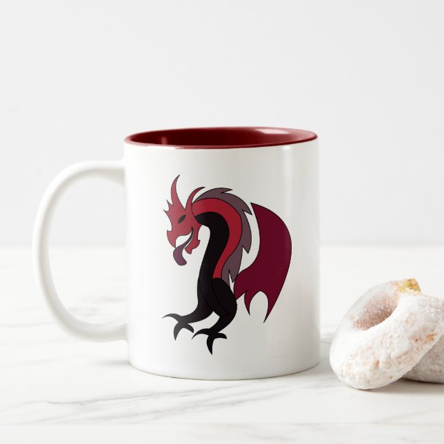 Red Black Dragon Mythical Creature Two-Tone Coffee Mug (With Donut)