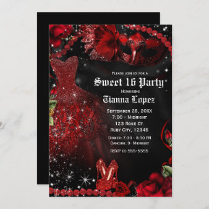 Red Black Dress Masquerade Sweet 16 Birthday Party Invitation
