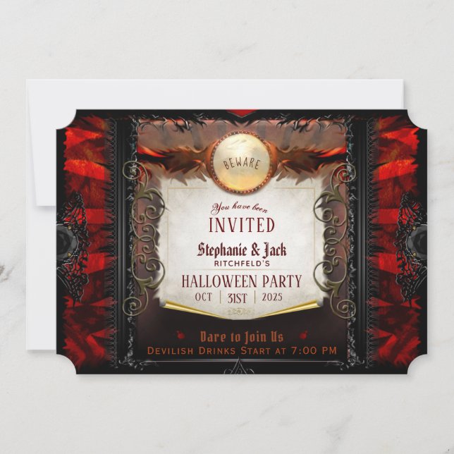 Red & Black Elegant Halloween Party Note Invitation (Front)