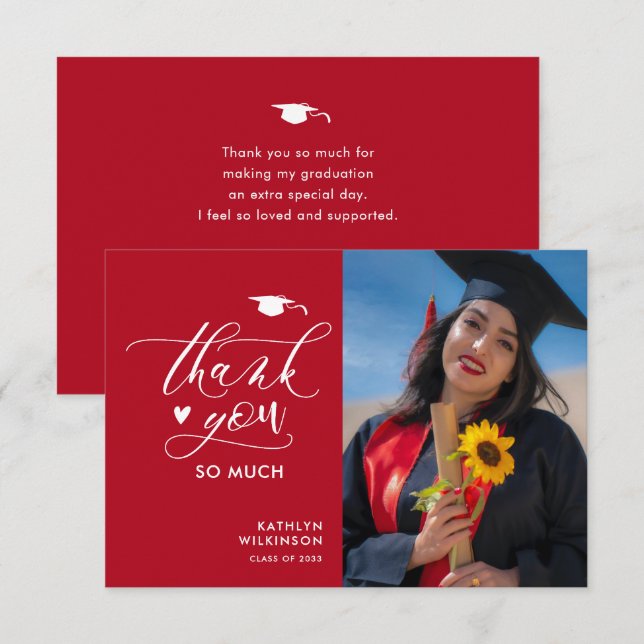 Red Black Elegant Script Minimalist Graduation Thank You Card (Front/Back)