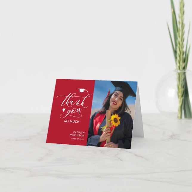Red Black Elegant Script Photo Simple Graduation Thank You Card (Front)