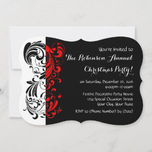 Red+Black Elegant Swirl Holiday Party Invitations