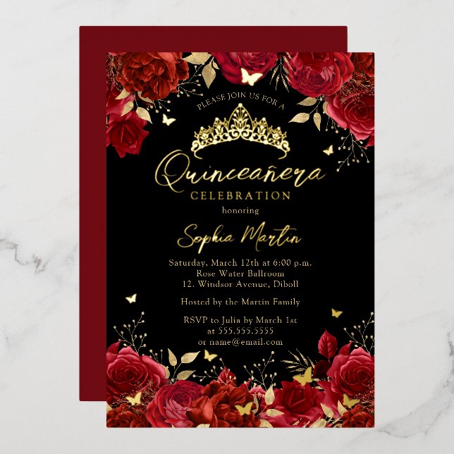 Red Black Enchanting Floral Butterfly Quinceanera (Front/Back)