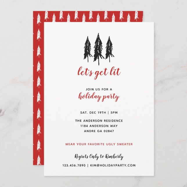 Red & Black Evergreen Tree Pattern Holiday Party Invitation (Front/Back)