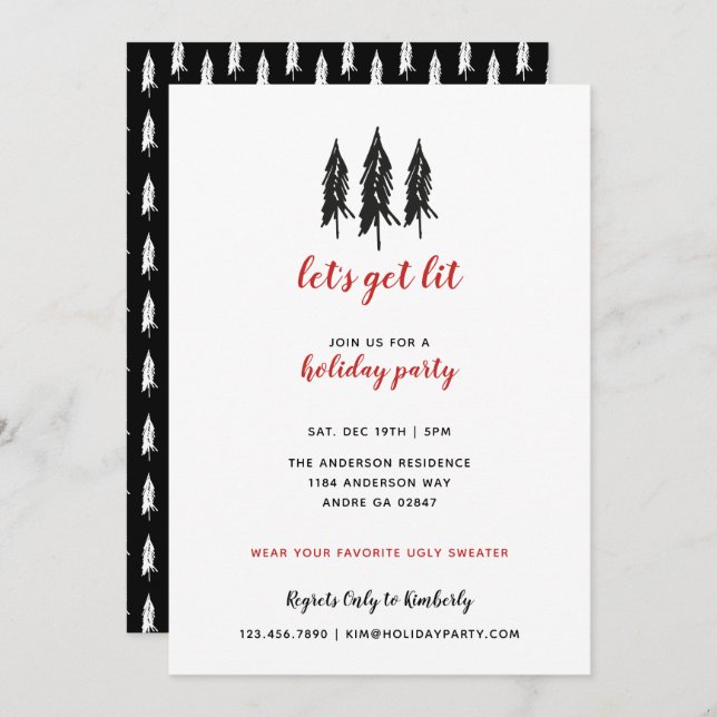 Red & Black Evergreen Tree Pattern Holiday Party Invitation (Front/Back)