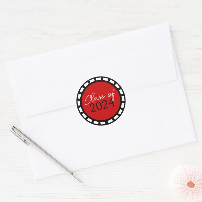 Red & Black Filmstrip Graduation Classic Round Sticker (Envelope)