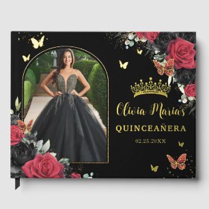 Red & Black Floral Butterflies Quinceañera Photo  Guest Book
