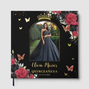 Red Black Floral Butterflies Quinceañera Picture Guest Book
