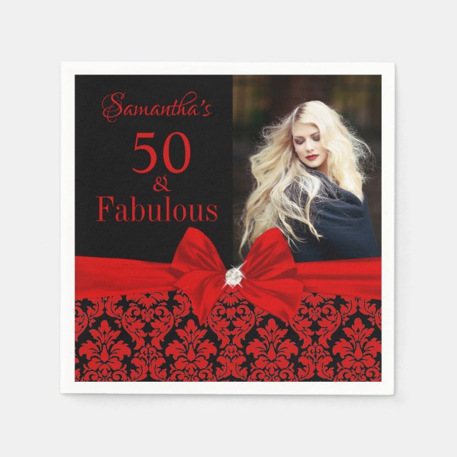 Red Black Floral Damask 50th Birthday Photo Napkin (Front)