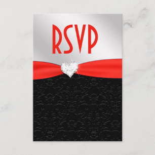 Red Black Floral Damask Diamond Heart RSVP