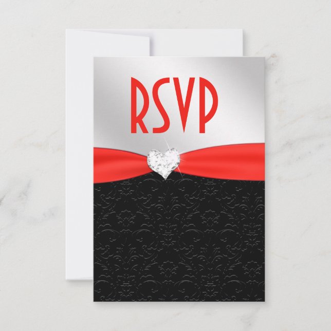 Red Black Floral Damask Diamond Heart RSVP (Front)