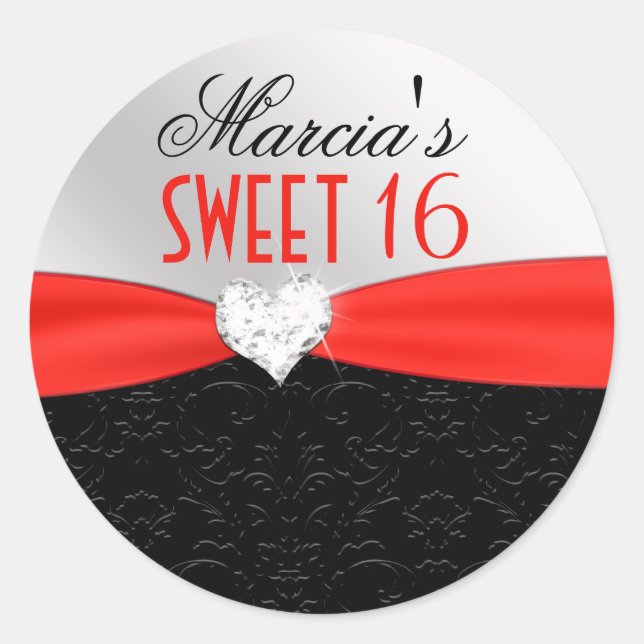 Red Black Floral Damask Diamond Heart Seal (Front)