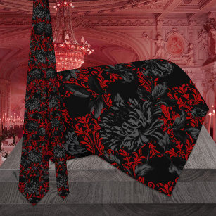 Red & Black Floral Damask Gothic Wedding Tie