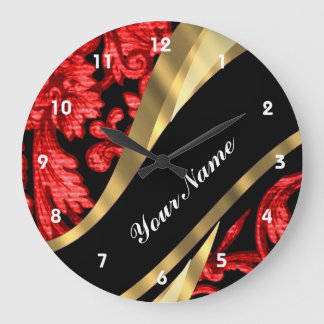 Red & black floral damask large clock