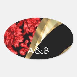 Red & black floral damask oval sticker