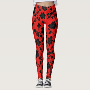 Red Black Floral Pattern Leggings