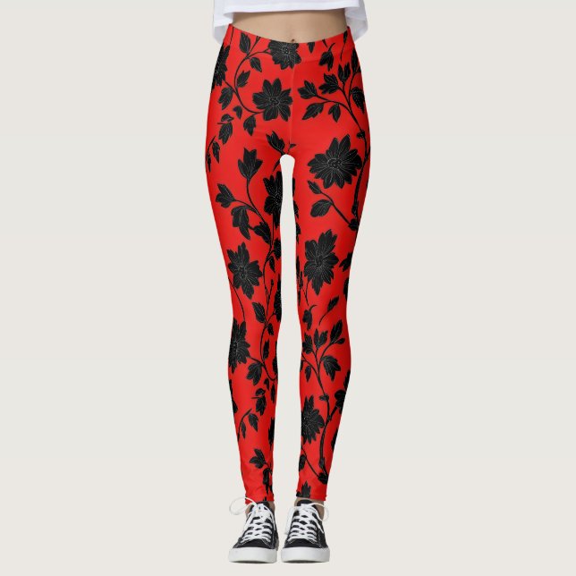 Red Black Floral Pattern Leggings (Front)