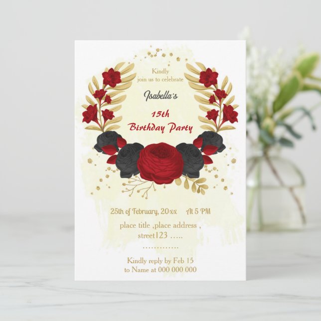 red & black flowers gold birthday party invitation (Standing Front)