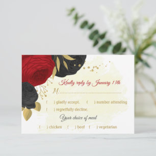 red & black flowers gold botanical meal choice RSVP card