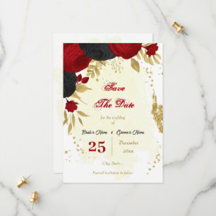 red & black flowers gold botanical save the date