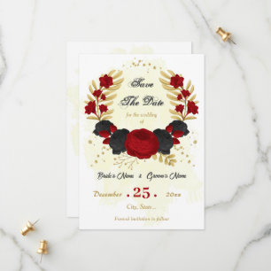 red & black flowers gold botanical save the date