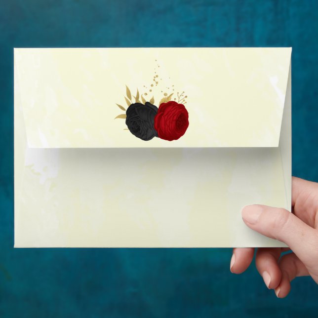 red & black flowers gold botanical wedding envelope (Hand)