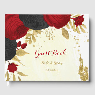 red & black flowers gold botanical wedding guest book